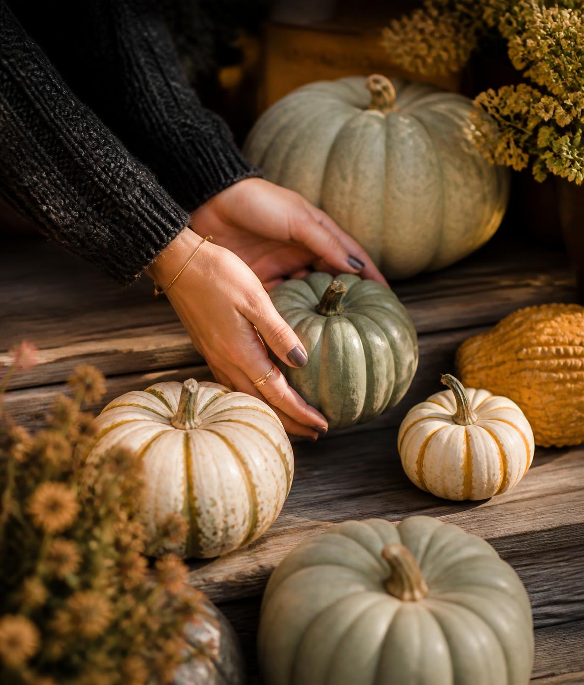 Hands arranging sage and cream pie pumpkins on wooden porch steps